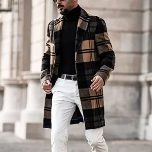 Fashion Coat Men’s Coat Fall Winter Warm Plaid Long Trench Jacket Breasted Business Casual Overcoat Male Woolen Coat