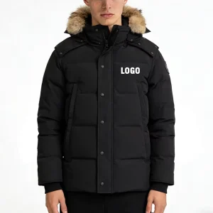 Fashion Custom Men’s Black Parka Coat Jacket Winter Thick Duck Down Jackets with Fur Collar