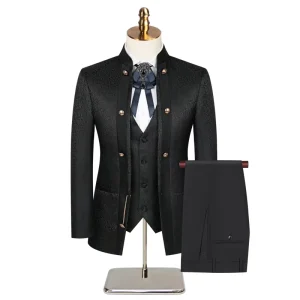 Fashion Design Men’s Single Breasted Stand Collar Tuxedo Blazer Pant Vest 3 Pieces Men’s Suit for Groom Wedding