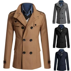 Fashion Men Coat Winter Warm Trench Woolen Coat Slim Casual Reefer Jackets Solid Stand Collar Double Breasted Peacoat Parka