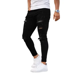 Fashion Streetwear Custom Ripped Stretchy Trousers Skinny Mens Cargo Jeans Pants