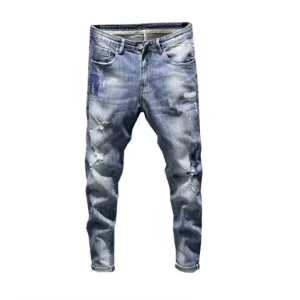 Fashionable Casual Cotton Jeans Men Washed Hole Light Jeans Men
