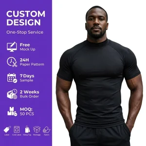 Fitness Clothing Factory Mens Mock Neck Raglan Sleeve Embossed Custom Print Activewear Sportswear Gym Compressed Running t Shirt