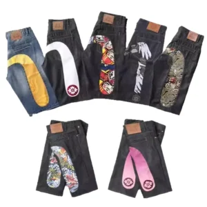 Five point High Waist Nylon Cotton Men’s Streetwear Hip Hop Summer Printed ‘Lucky God’ Design Oversized Loose Fit Denim Shorts