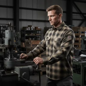 Flame Retardant Waterproof Khaki Anti-Wrinkle Work Cotton Mechanic Industrial Button-Up NFPA 2112 Compliant Men’s Shirts