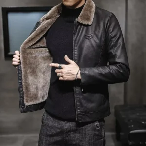 Fleece Lined Heavyweight Point Collar Casual Outerwear Warm Thick Insulated Vintage Coat Mature Gentlemen Faux Leather Jacket