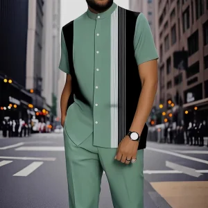 For Factory Direct In Stock Full Size Drop Shipped 3D Digital Print Spring Summer Men’s Casual Striped Outdoor Shirt Set