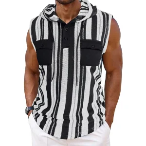 For Men’s Striped Sleeveless Vest Hooded Pocket Quick Drying Breathable Sports Hoodie T Shirt Cross Border Rope Outdoor Top