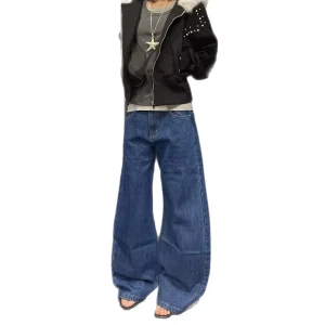 Foreign Trade Mid Waist Wide Leg Nylon Cotton Jeans Women’s Spring Summer Loose Zipper Decoration Retro Straight Pants Men’s