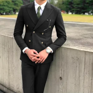 Formal Men Suits 2 Pieces Casual Office Slim Fit Business Peaked Lapel Set Korean Coat for Men Fat Men’s Suit