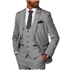 Formal Solid Color Men’s Suits Slim Fit 3 Piece Tuxedos Plaid Lapel Casual Blazer Vest Pants for Wedding Grooms