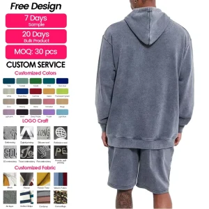 French Terry Breathable Cotton Custom Logo Print Vintage Washed Oversize Men’s Hoodie and Shorts Set