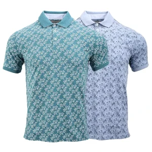 Fresh Style Mens Polo Shirts Breathable Teal Top with All Over Botanical Pattern for Vacation Outfit