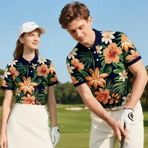 GEEDA Full Print Golf Polo Shirt Men’s Golf Clothes Tropical Floral Navy Blue Summer Vacation Golf Course Apparel