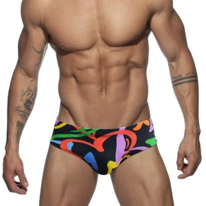 GZFZ UXH309 Men’s Graffiti Color Lines and Heart Pattern Triangle Swim Trunks Men’s Fashion Swim Brief Recycled Fabric Swimwear