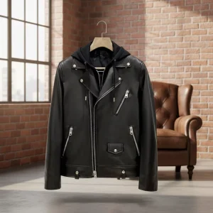 Genuine Leather Men’s Street Slim Fit Detachable Hooded Motorcycle Coat Short