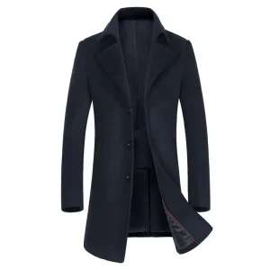 Genuine Wool Mix Classic Men’s Coat Turn-down Collar Long Slim Fit Wool Coat