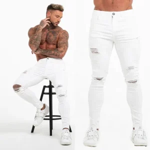 Gingtto Men’s Jeans Pants Men Skinny Jeans Ripped Jeans Street Wear White Skinny Destroy Washed Slim Fit Stretch Pant