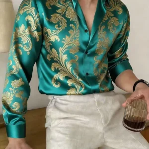 Glossy New Men’s Casual Summer Street Style Buttoned Cuffs V-neck Shirt Long Sleeve Digital Print Outdoor Sports