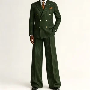 Green Men’s Striped Double Breasted Suit Set Peaked Lapel Formal Outfits 2 Piece Wedding Business Events Casual Male Suit