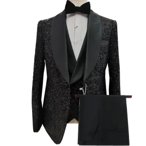 HD208 Handsome Shiny Black Men Suit Wedding Suits for Men Shawl Collar 3 Pieces Slim Fit Men’s Party Tuxedos Groom Wear