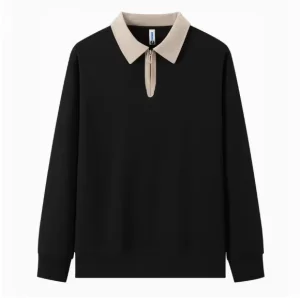 Half Zip Polo Collar Sweatshirt with Beige Contrast Neckline Casual Streetwear Comfortable Men’s Pullover