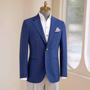 Haute Couture Men’s Plus Size Blue Stripe Wedding Suit High Quality Wool Single Breasted V Neck Collar Bespoke Blazers