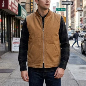 Heavy Duty Men’s Duck Canvas Work Vest Durable Cotton Canvas Utility Waistcoat With Ribbed Collar Industrial Brown