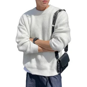 Heavy Thick Knit Ribbed Crew Neck Men’s Sweater Solid Color Knitwear Autumn Winter Vintage Streetwear Outerwear