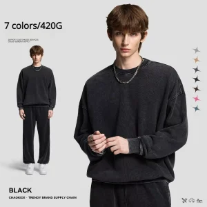 Heavy Weight 420G Looped Water Washed Distressed Round Neck Pullover Sweatshirt for Men’s Autumn Winter Loose Casual Sweatshirt