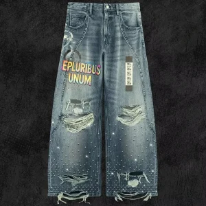 Heavyweight 450gsm Rhinestone Distressed Embroidery Men’s Pants & Trousers For Men With Custom Graphic Print Baggy Denim Jeans