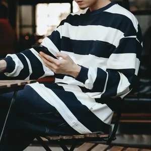 Heavyweight Boxy Cotton CrewNeck Streetwear Long Sleeve Shirt Men’s Navy & White Wide Stripe Oversized Long Sleeve T-Shirt