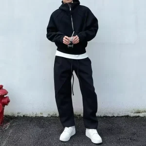 Heavyweight Fleece Quarter zip Hoodie Tracksuit Set Raglan Sleeve Cropped Hoodie Contrast Hem Casual Streetwear Men’s Sets