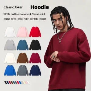 Heavyweight Loose Solid Color Men’s Crew Neck Blended Cotton Double Sided Knitted Pullover Sweatshirt Ribbed Hem Spring Autumn