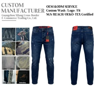 Heavyweight Stretch Denim Men’s Jeans Slim Straight Fit Classic Blue Washed Distressed Business Casual Pants for Men