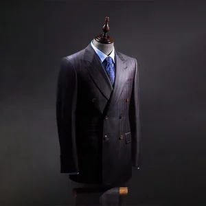 High End Custom Merino Wool Dark Red Striped Casual Business Double Breasted Peaked Blazer 2 Pieces Men’s Suit