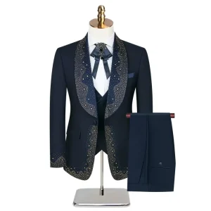 High End Men’s Suit 3 Pieces Stylish Men’s Suits Blazer Collar Rhinestones Suits for Men with Fine Tailoring