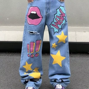 High Heavy Quality Jacquard Washed Jeans Vintage Straight leg Casual Pants Double Waist Hip hop Loose Trousers Boys Pants
