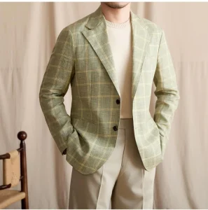 High Quality 100% Linen Unstructured Men’s Casual Jacket Wedding Blazer Plaid Jacket for Prom Parties