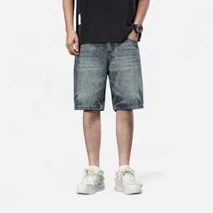 High Quality Breathable Vintage Light Wash Mid Waist Casual Printed Men’s Straight Jeans Denim Shorts Summer Loose