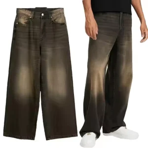 High Quality Custom Breathable Solid Mid Men’s Wide Leg Pants Jeans Distressed Washed Vintage Style Summer Hip Hop