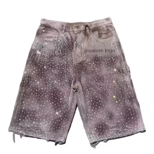 High Quality Custom Men’s Half-Knee Baggy Straight Leg Vintage Distressed All Rhinestone Denim Board Shorts Casual Style