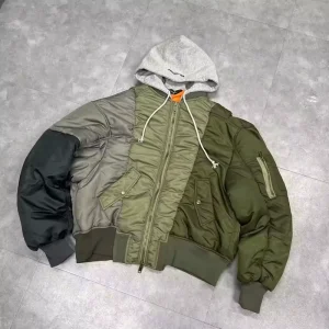 High Quality Custom Men’s Puff Jacket Streetwear Style Splicing Design Heavy Weight Hooded Collar Zipper Front Logo for Winter