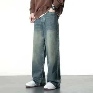 High Quality Custom Men’s Straight Wide Leg Jeans Loose Casual Streetwear Green Black Denim Jeans Pants for Men Spring Autumn