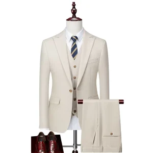 High Quality Elastic TR Single 1 Button Breasted Peaked Lapel Two Vent Blazer Stretch Waist Trouser Slim Fit 3 Pieces Men’s Suit