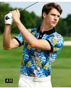 High Quality GEEDA Blue Floral Pattern Golf Clothes Men’s Lapel Short Sleeves Golf Polo Shirt with Moisture Wicking Quick Dry