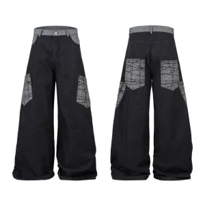 High Quality Gray Patchwork Design Loose Fit Wide Leg Pants Fashion Streetwear Casual Trousers Men’s Black Denim Jeans