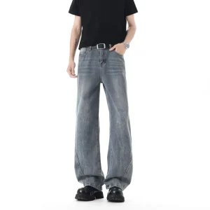 High Quality Men’s Baggy Jeans Vintage Washed Wide Leg Denim Pants Front Seam Detail Streetwear Casual Loose Fit Trousers