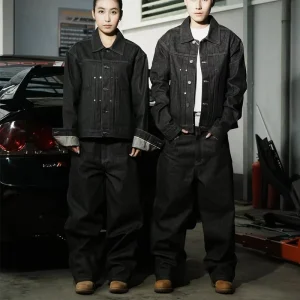 High Quality Men’s Denim Jeans Jacket and Pants Set Men Black Raw Selvedge Denim Set Unisex
