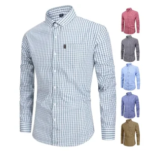 High Quality Men’s Shirts Business Small Plaid Long Sleeve Slim Fit Dress Shirts for Men Checked Casual 100% Cotton Clothes Men